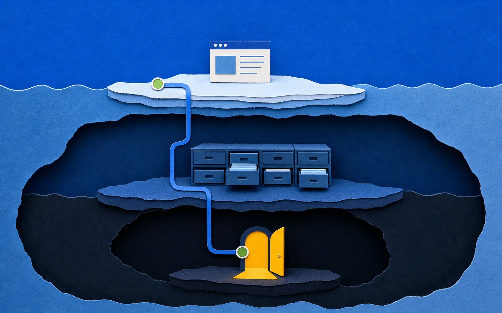 Layered paper ocean cutaway showing a public page above private archives and a yellow doorway in the deepest layer.