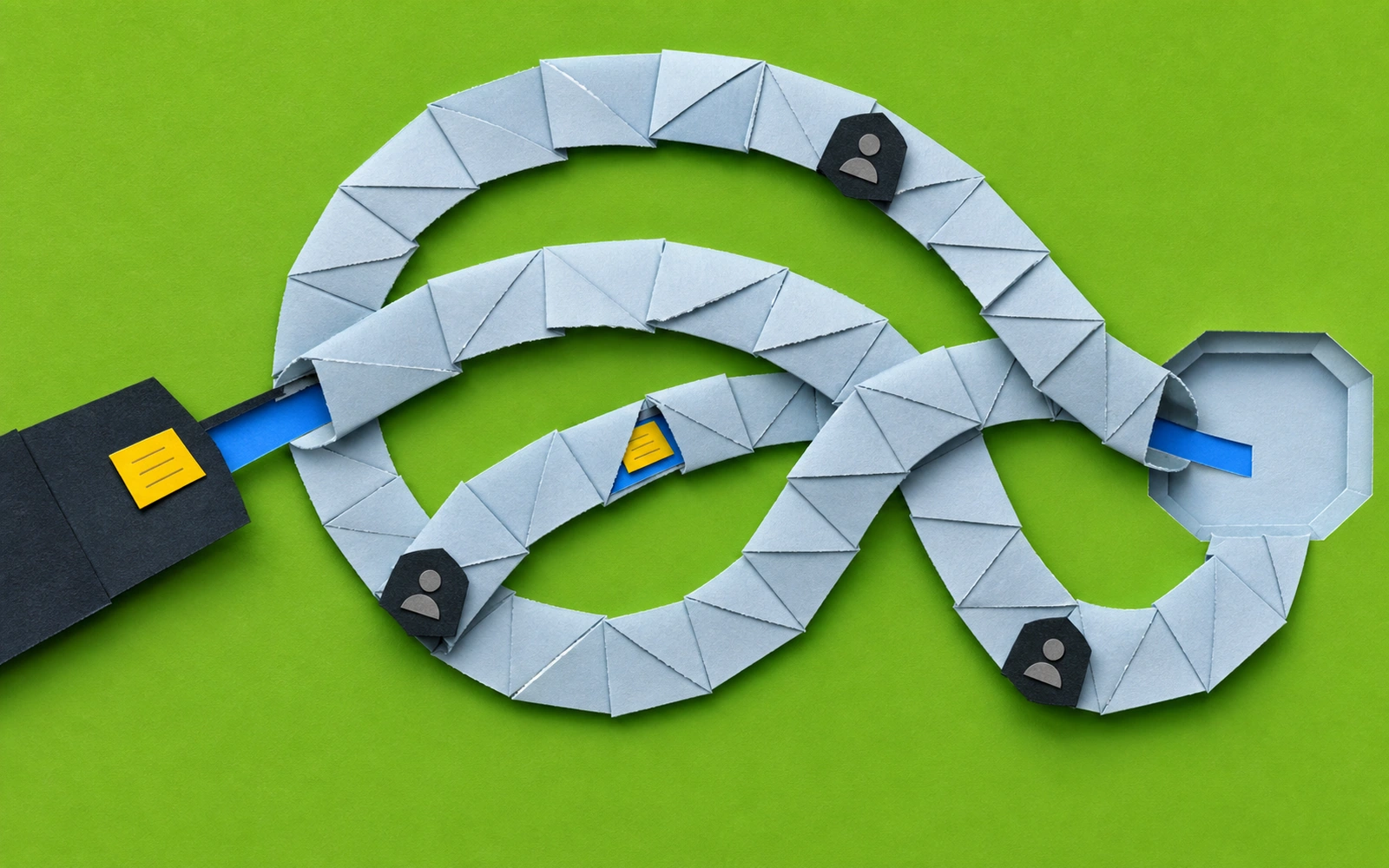 Woven paper tunnels on a green field carry a yellow message between peer-built paths.
