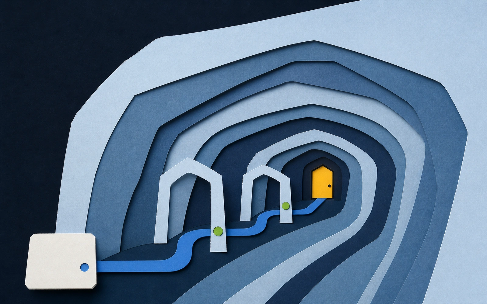 A blue route passes through nested paper arches toward a small yellow service doorway.