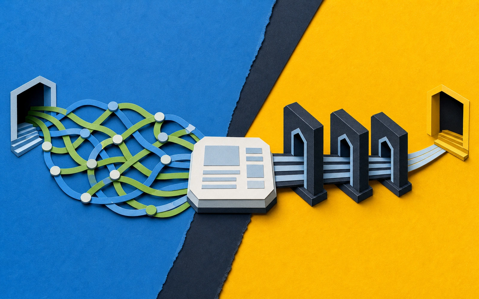 Split blue-and-yellow paper composition comparing a woven route with sequential relay gates.