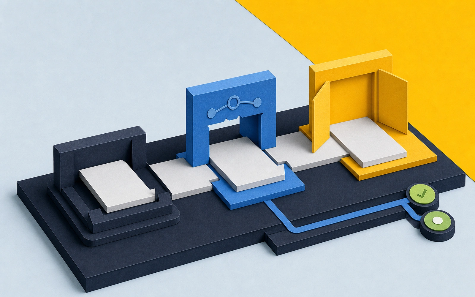 Constructed paper hosting platform with fitted foundation, routing gateway, publication doorway, and readiness checks.