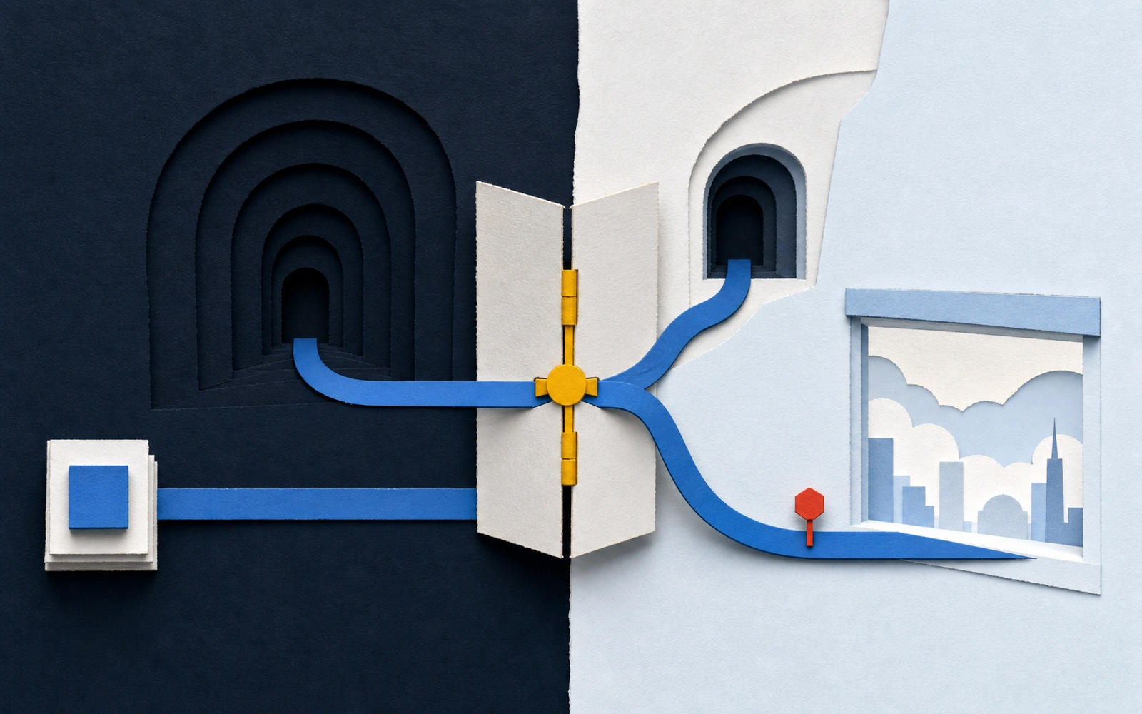A paper route reaches a decision gate between one concealed doorway and a paired public-and-hidden path.