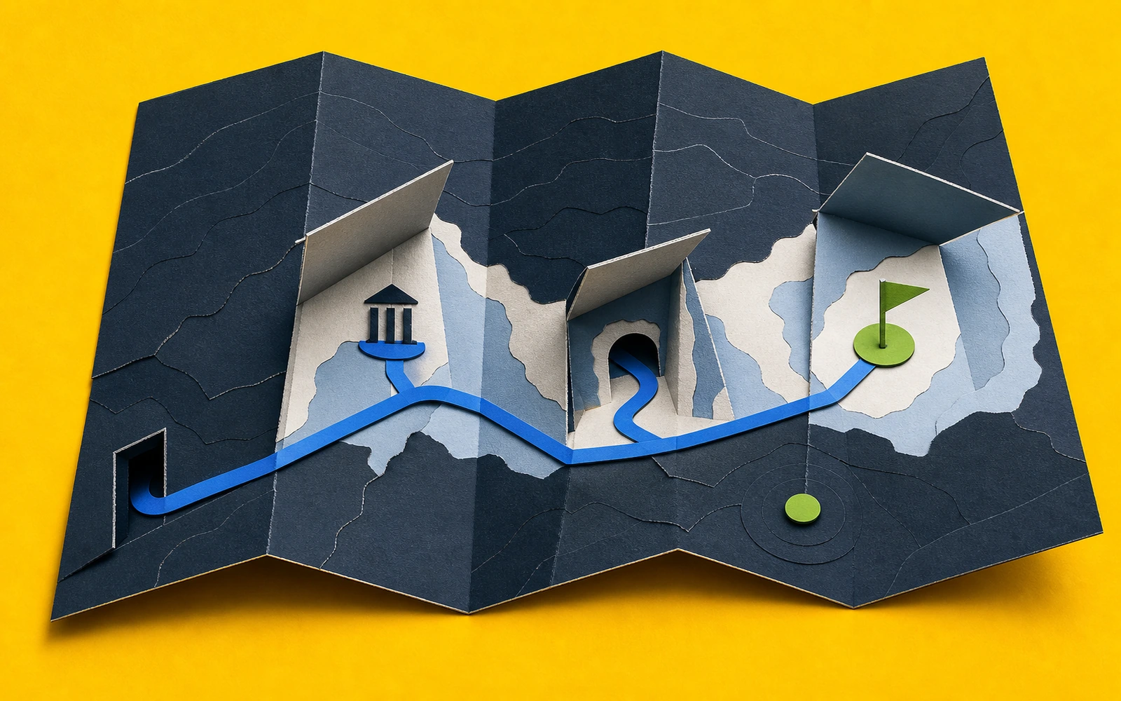 Folded paper map reveals selected directory, proxy, and promotion routes while the remaining landscape stays closed.