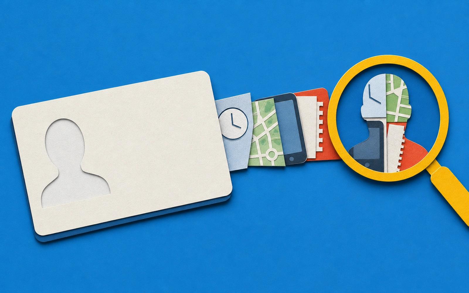 A blank identity card leaves a trail of time, location, device, and file fragments under a magnifying lens.