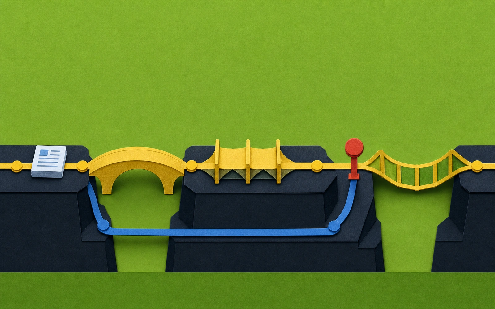 A publication crosses several different paper bridges with a blue route bypassing one blocked checkpoint.