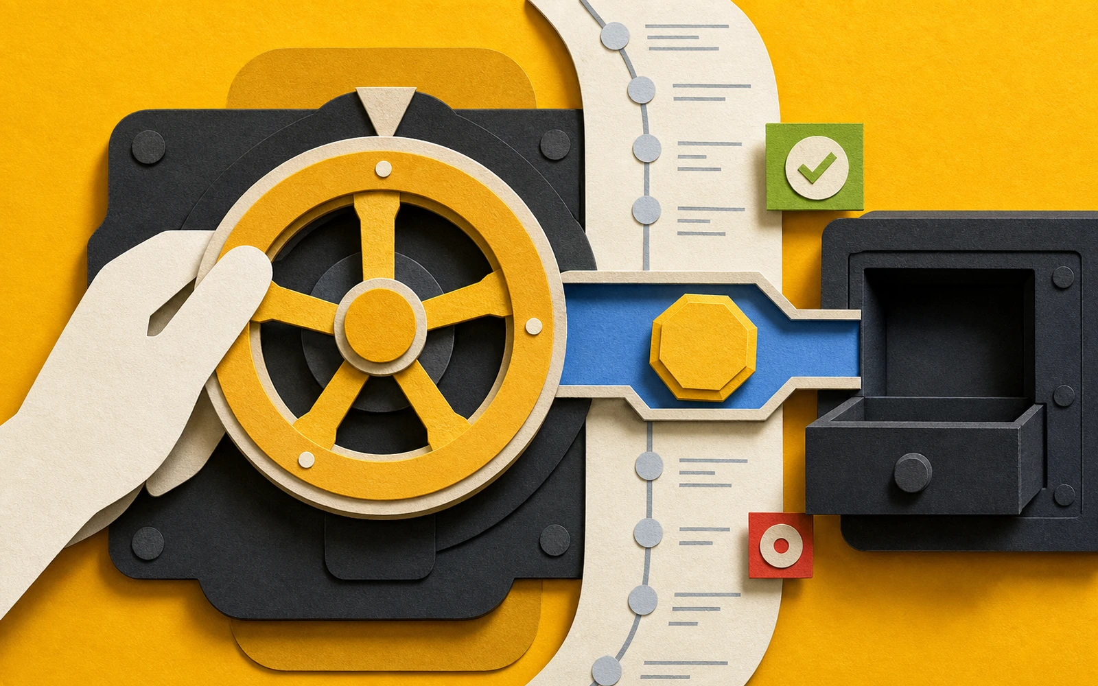 A hand operates a paper control wheel directing a payment token toward a customer vault beside a visible ledger.
