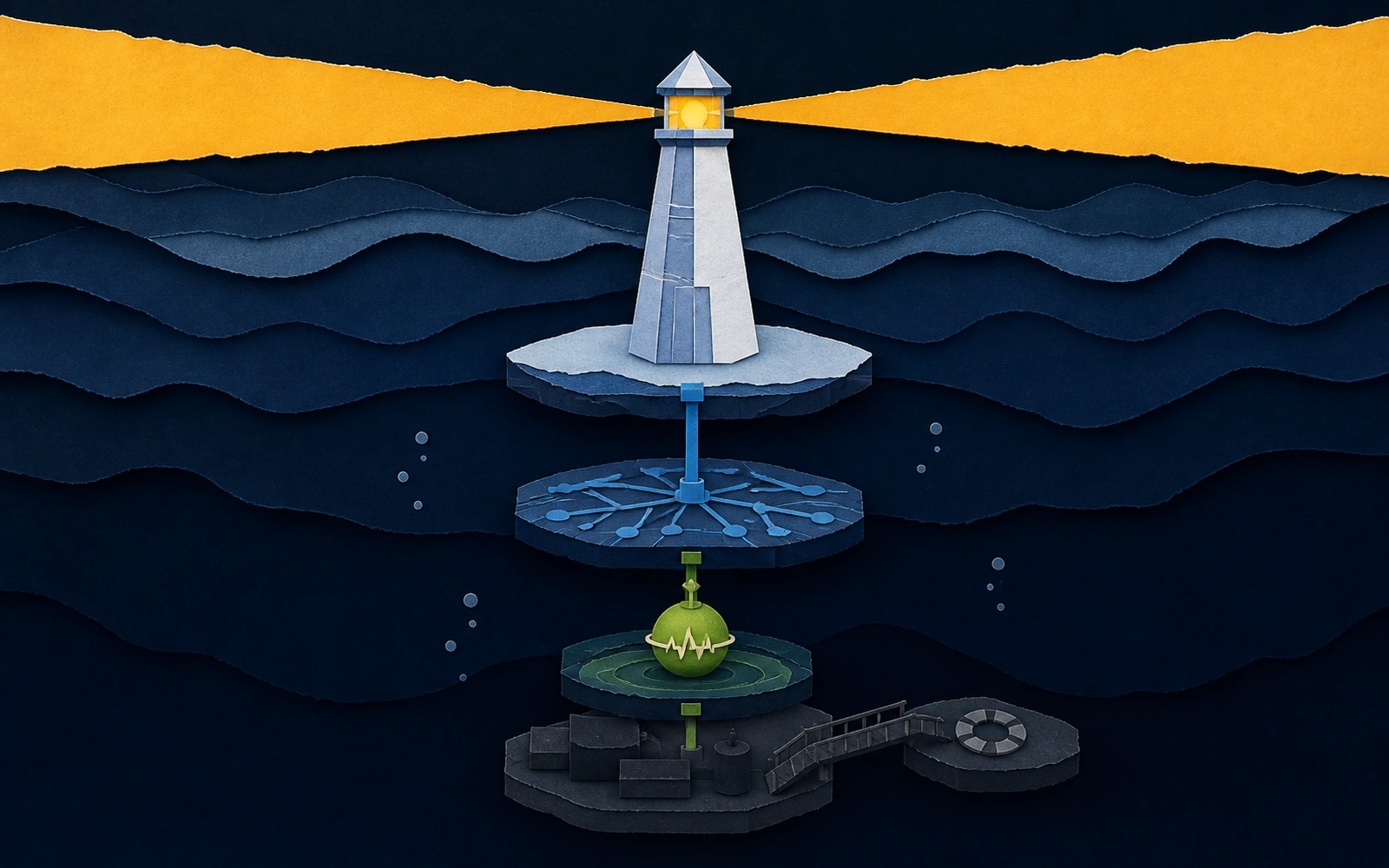 Paper beacon above dark water supported by routing, monitoring, and recovery systems below the signal.