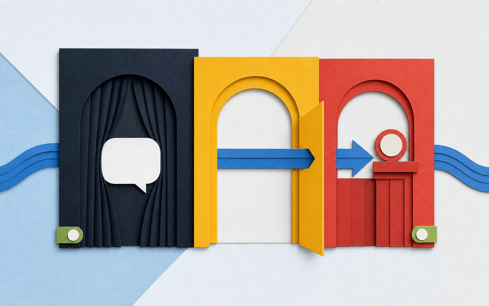 A blue route passes through privacy, publication, and review gates while a protected speech shape remains concealed.