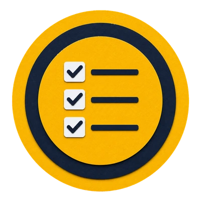 Layered yellow paper medallion with a three-row checked task list