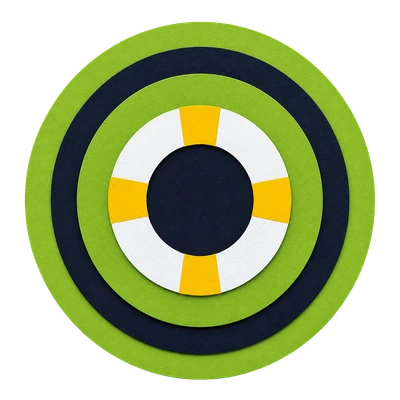 Layered green paper medallion with a white life ring and yellow safety bands