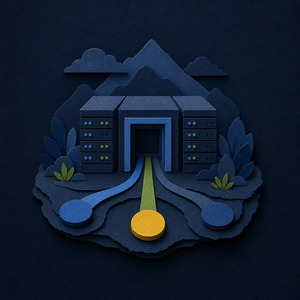 Paper-cut hosting gateway with three infrastructure routes.