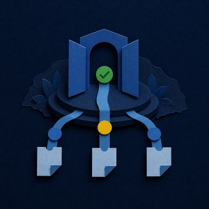 Paper-cut support gateway receiving three organized request routes.