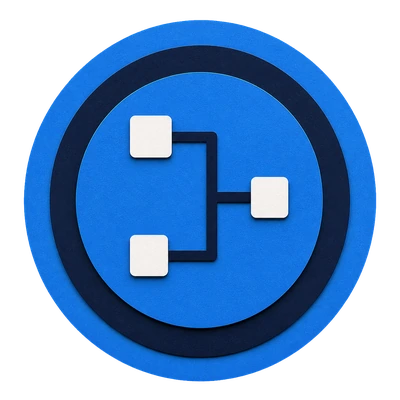 Layered blue paper medallion with three square network nodes joined by straight routes